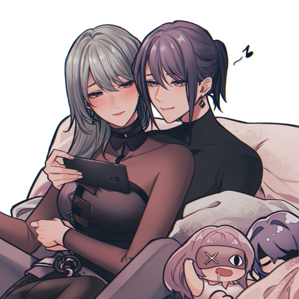 4girls, angon623, black_hair, blue_hair, blush, bodystocking, cellphone, chibi, chibi_inset, chief_(path_to_nowhere), commentary, covered_collarbone, drooling, earrings, female_chief_(path_to_nowhere), grey_eyes, hair_between_eyes, hair_intakes, hashtag-only_commentary, heads_together, hecate_(path_to_nowhere), hella_(path_to_nowhere), holding, holding_hands, holding_phone, hug, hug_from_behind, humming, jewelry, leaning_on_person, multiple_girls, musical_note, nightingale_(path_to_nowhere), no_coat, open_mouth, path_to_nowhere, phone, pink_hair, ponytail, short_ponytail, simple_background, sleep_mask, smartphone, undershirt, white_background, yuri