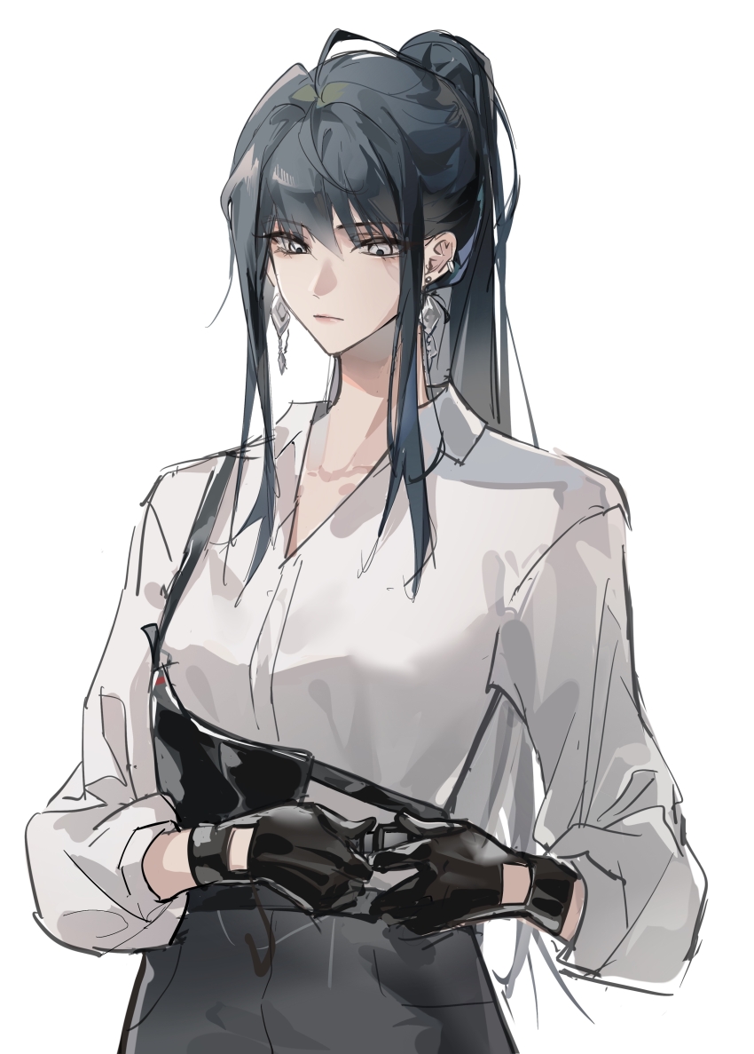 1girl, absurdres, adjusting_clothes, black_gloves, black_hair, black_pants, breasts, clothing_cutout