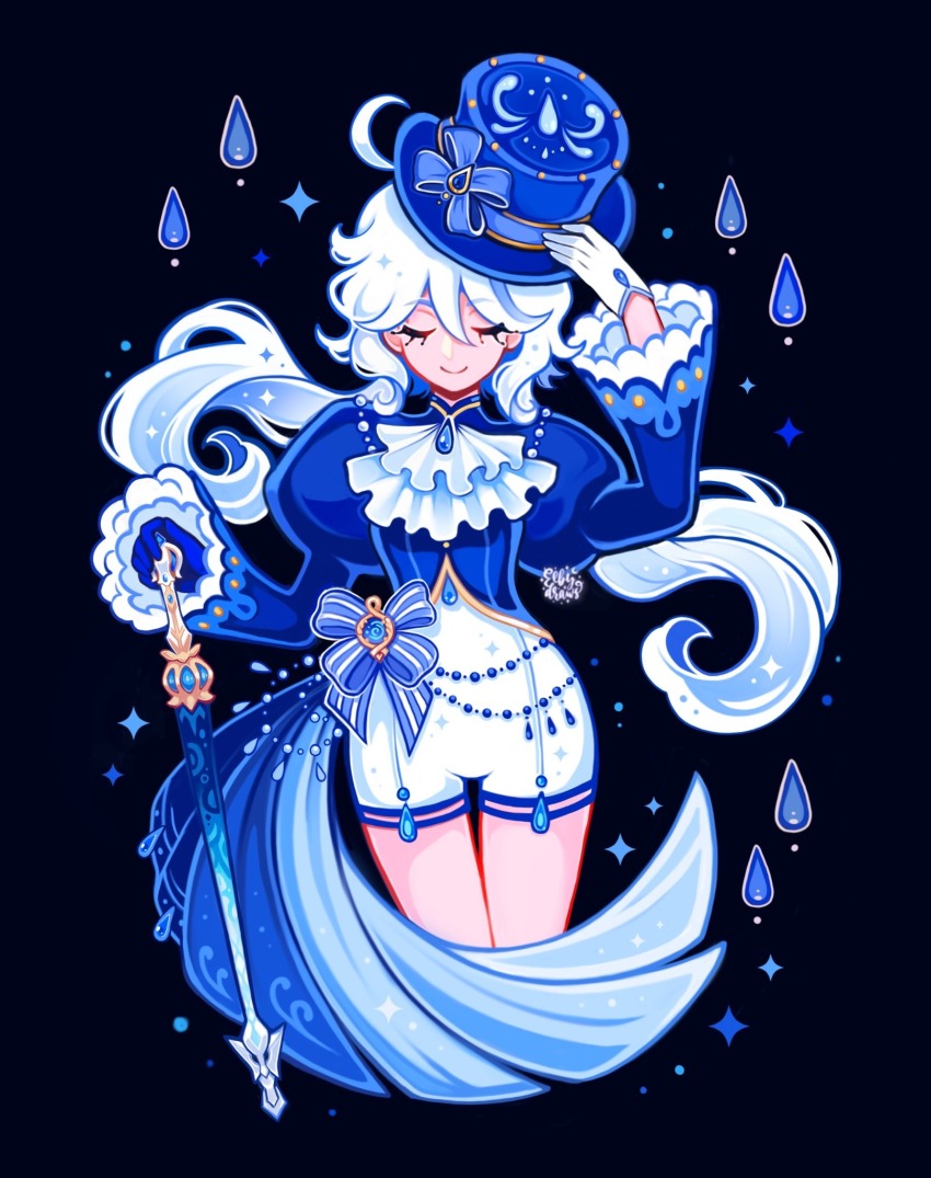 ahoge, artist_logo, ascot, asymmetrical_gloves, black_background, blue_bow, blue_gloves, blue_hat