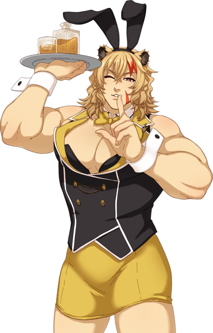 1boy, alcohol, animal_ear_headwear, animal_ears, arm_cuffs, blonde_hair, bow, bowtie