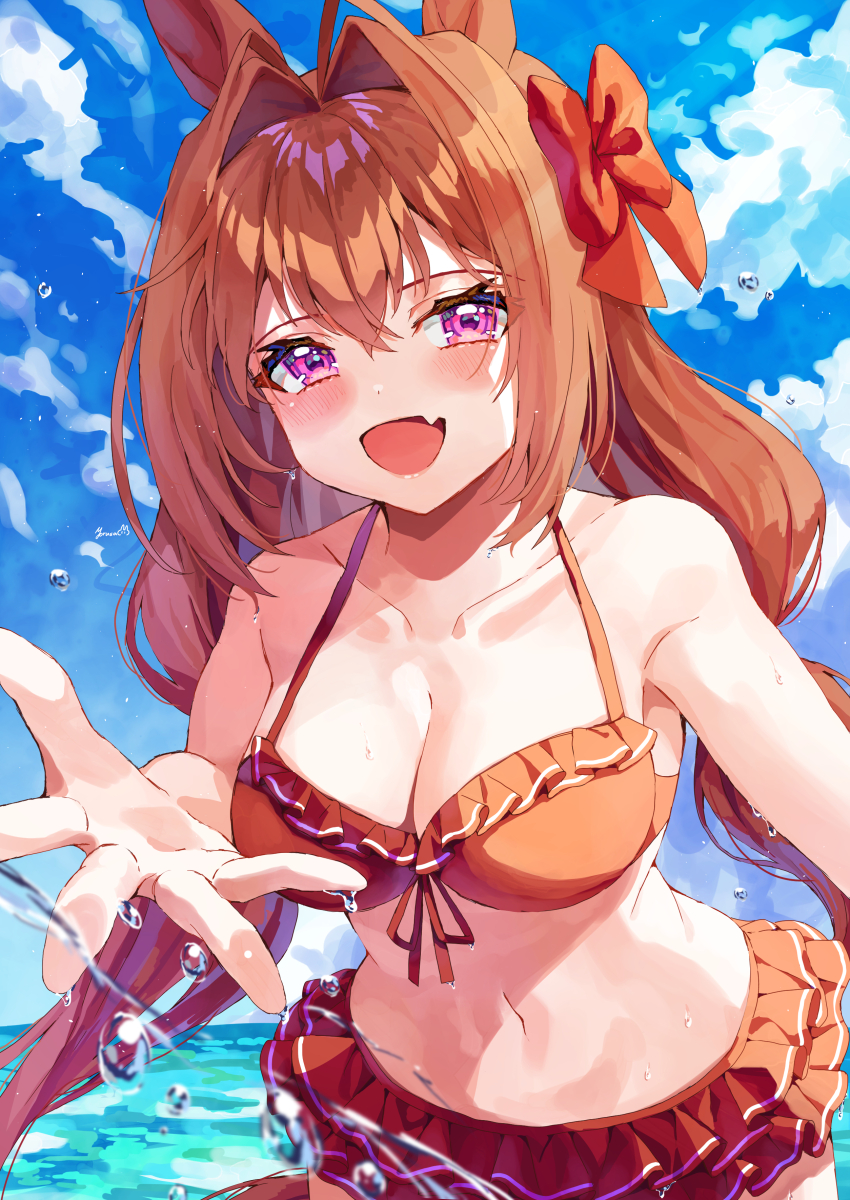 1girl, absurdres, animal_ears, antenna_hair, armpits, arms_behind_head, bikini, bow