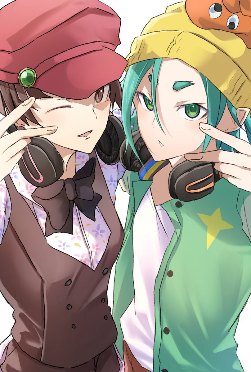 2girls, aqua_hair, arm_around_shoulder, arms_at_sides, black_bow, black_bowtie, bow, bowtie