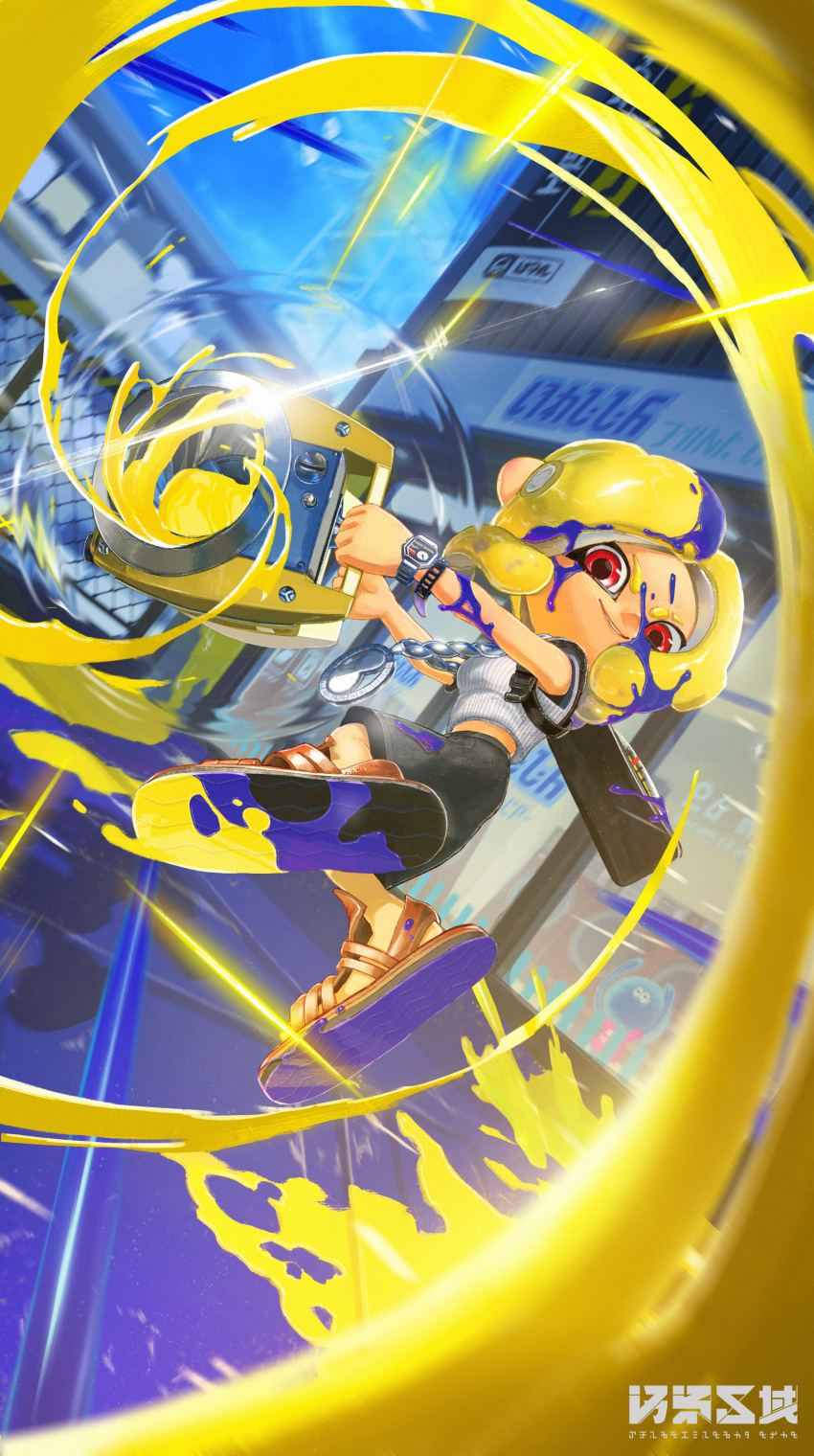 1girl, absurdres, arms_up, bare_shoulders, black_shorts, blonde_hair, blue_sky, blurry