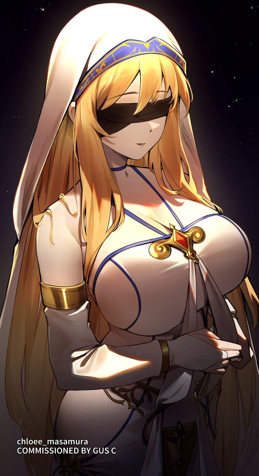 1girl, artist_name, bare_shoulders, black_background, blindfold, blonde_hair, breasts, cleavage, clothing_cutout, commission, cowboy_shot, elbow_gloves, fingerless_gloves, gloves, goblin_slayer!, hair_between_eyes, highres, large_breasts, long_hair, masamura_(masamura_eliza), neck, parted_lips, robe, side_cutout, sideboob, sword_maiden, veil, very_long_hair, white_gloves, white_robe, white_veil