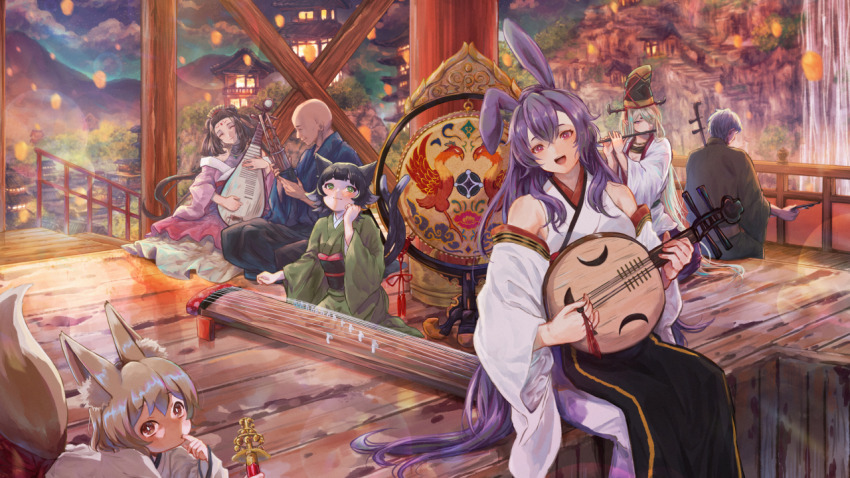 2boys, 5girls, animal_ears, architecture, bald, bell, blue_kimono, blush