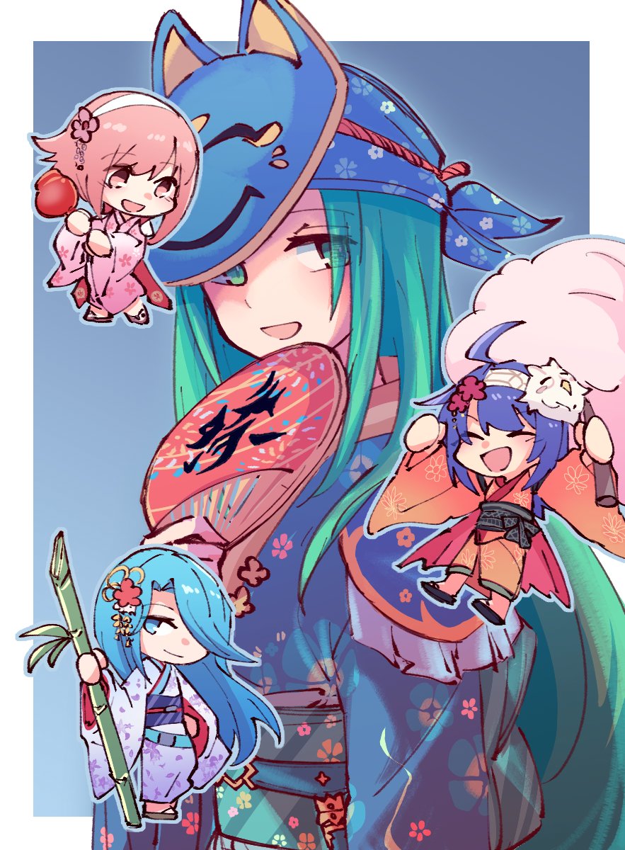 4girls, :d, ahoge, alonemistrist, bamboo, blue_eyes, blue_hair, blue_kimono