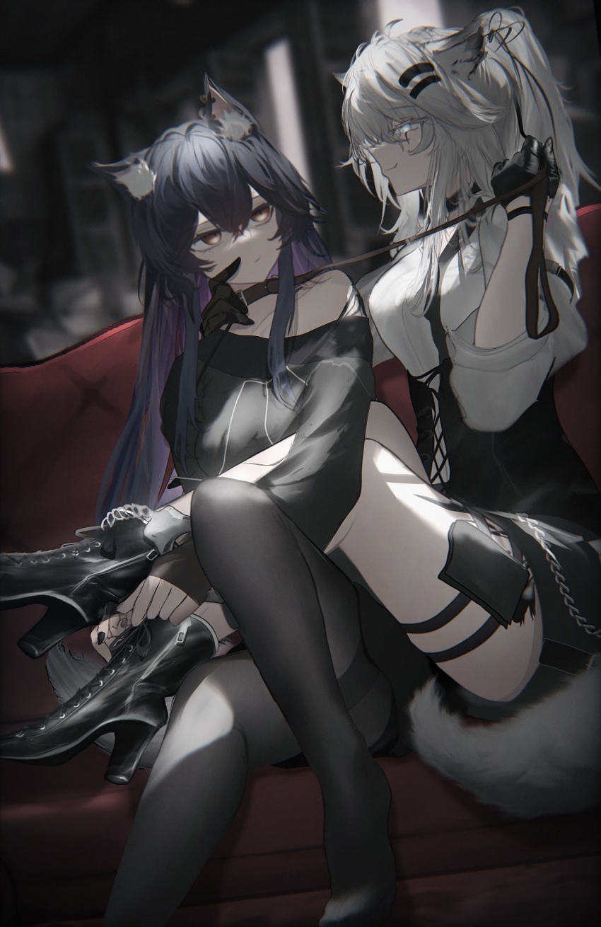 2girls, absurdres, animal_ear_fluff, animal_ears, ankle_boots, arknights, black_footwear, black_gloves