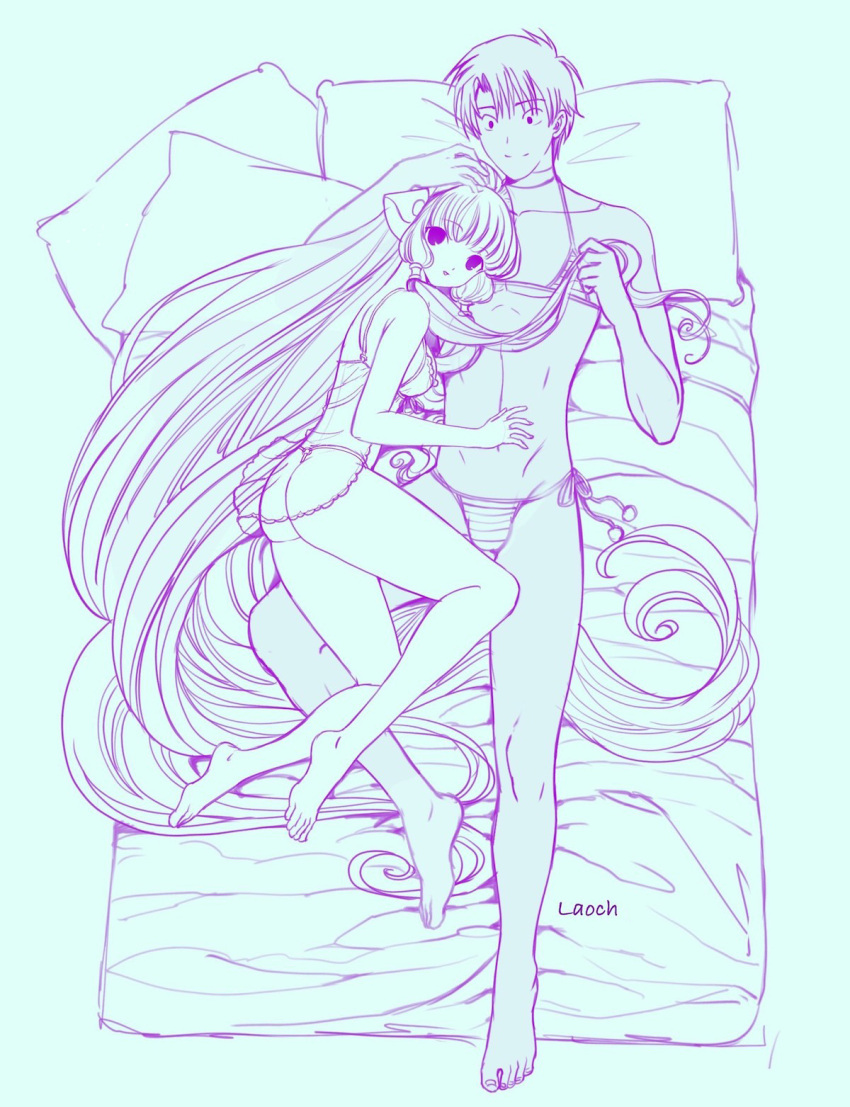 1boy, 1girl, bare_hips, bare_legs, bikini, chii, chobits, hair_spread_out, hand_on_another's_head, highres, hug, jmjgranger, long_hair, looking_at_another, looking_at_viewer, lying, motosuwa_hideki, on_back, swimsuit