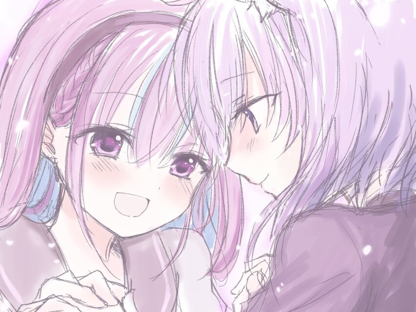 2girls, :d, animal_ears, black_hairband, braid, cat_ears, commentary_request, dot_nose