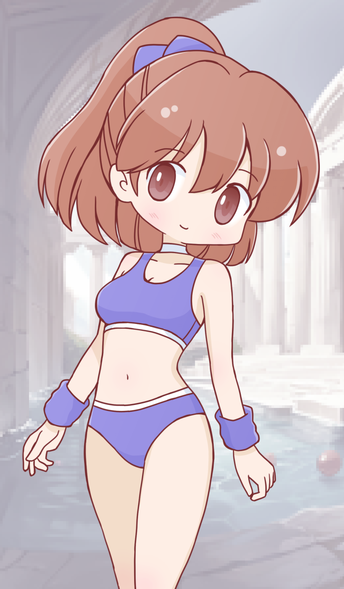 1girl, arle_nadja, arm_warmers, bikini, blue_bikini, blush, breasts, brown_eyes, brown_hair, choker, compile, hakunetsu!_puyolympic!, highres, mabonasu6, madou_monogatari, medium_breasts, medium_hair, ponytail, puyopuyo, sega, smile, solo, sports_bikini, swimsuit
