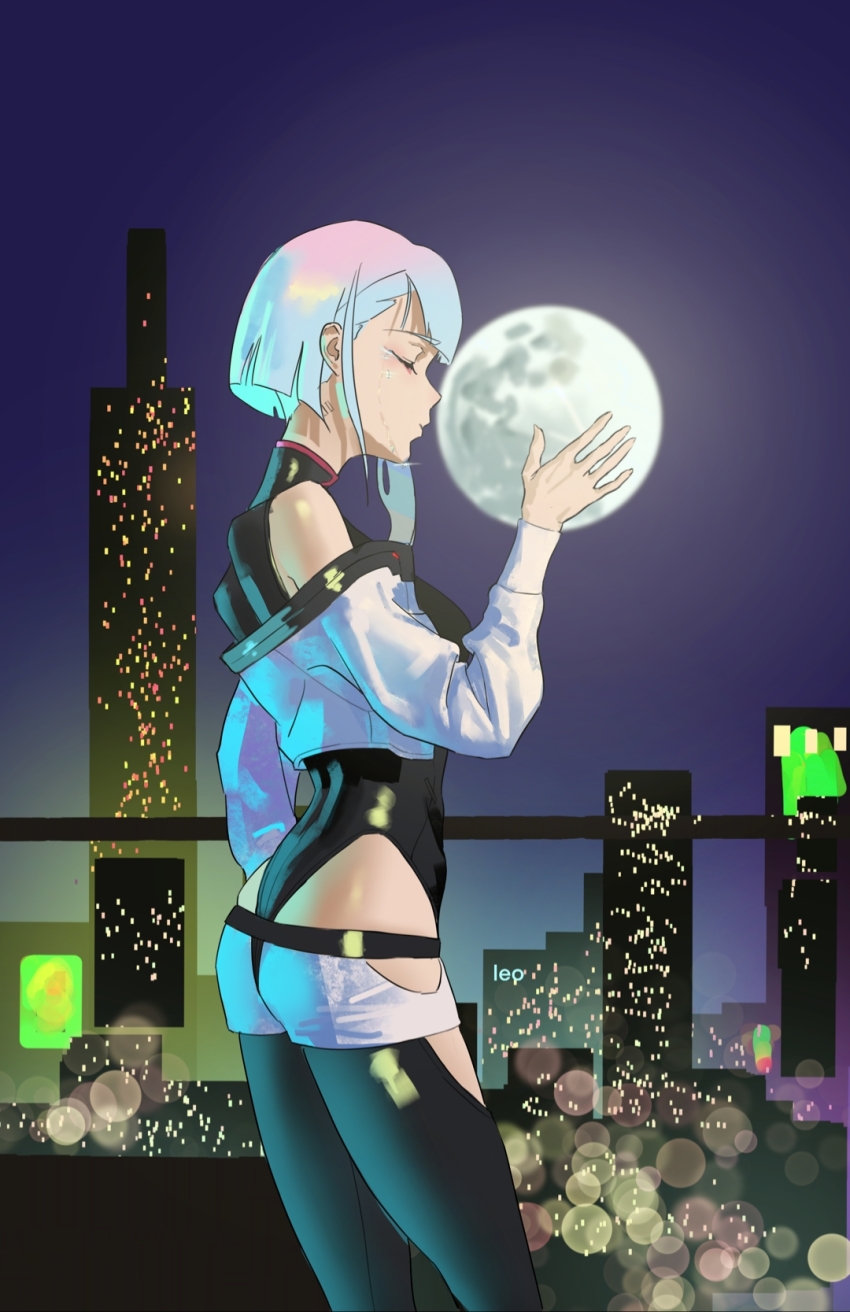 1girl, arm_at_side, asymmetrical_hair, bare_shoulders, black_leotard, black_thighhighs, blunt_ends, blurry