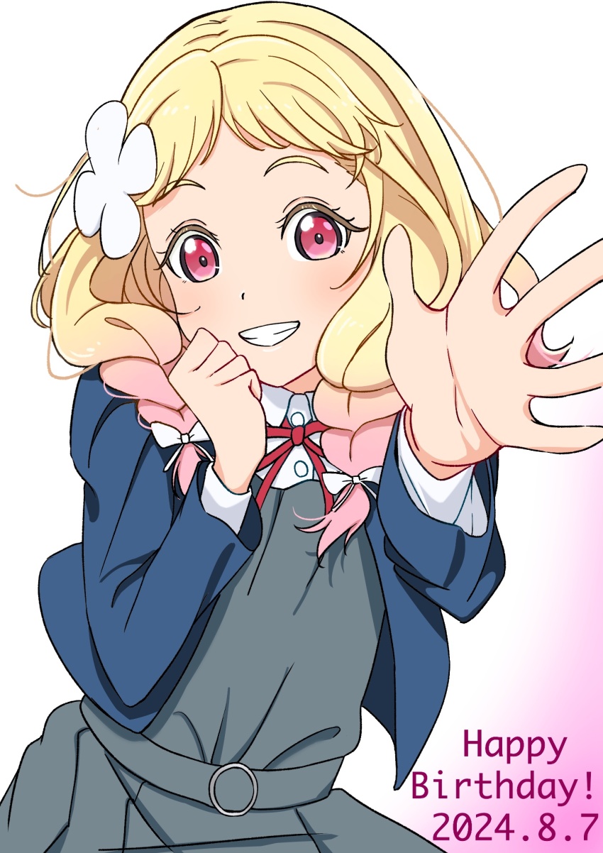 1girl, :d, blazer, blonde_hair, blue_jacket, blush, braid, clenched_hand