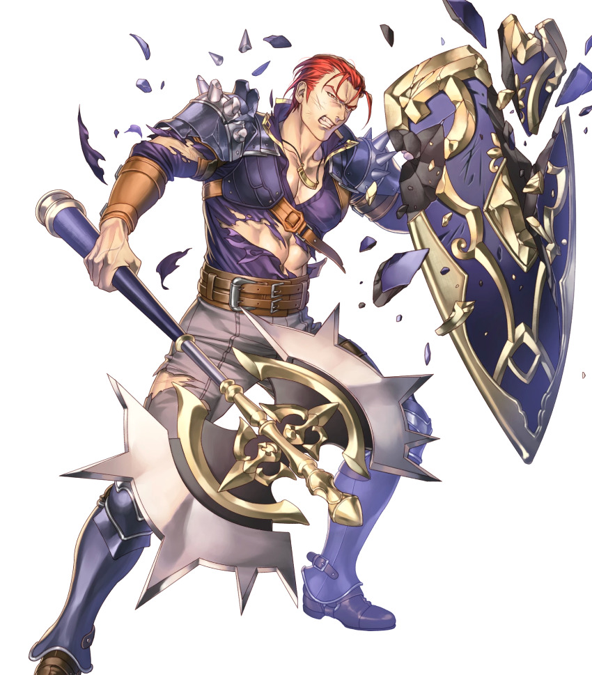 1boy, abs, armor, axe, battle_axe, broken_shield, caellach, fire_emblem, fire_emblem:_the_sacred_stones, fire_emblem_heroes, full_body, greaves, hair_slicked_back, highres, holding, holding_axe, holding_shield, holding_weapon, injury, large_pectorals, leg_armor, male_focus, muscular, muscular_male, navel, nintendo, non-web_source, official_art, pectoral_cleavage, pectorals, red_eyes, red_hair, shield, shirt, shoulder_armor, shoulder_spikes, solo, spikes, tight_clothes, tight_shirt, torn_clothes, transparent_background, weapon, yoneko_okome