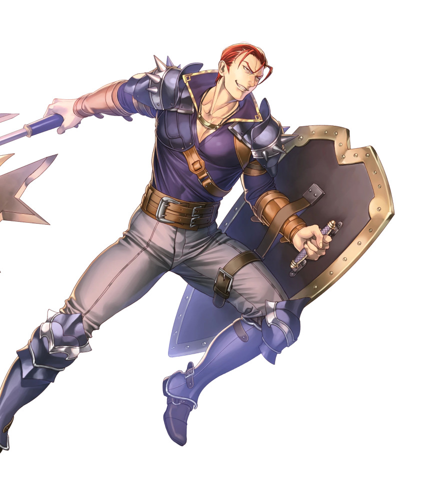 1boy, armor, axe, battle_axe, caellach, fighting_stance, fire_emblem, fire_emblem:_the_sacred_stones, fire_emblem_heroes, full_body, greaves, hair_slicked_back, highres, holding, holding_axe, holding_shield, holding_weapon, large_pectorals, leg_armor, male_focus, muscular, muscular_male, nintendo, non-web_source, official_art, pectoral_cleavage, pectorals, red_eyes, red_hair, shield, shirt, shoulder_armor, shoulder_spikes, solo, spikes, tight_clothes, tight_shirt, transparent_background, weapon, yoneko_okome