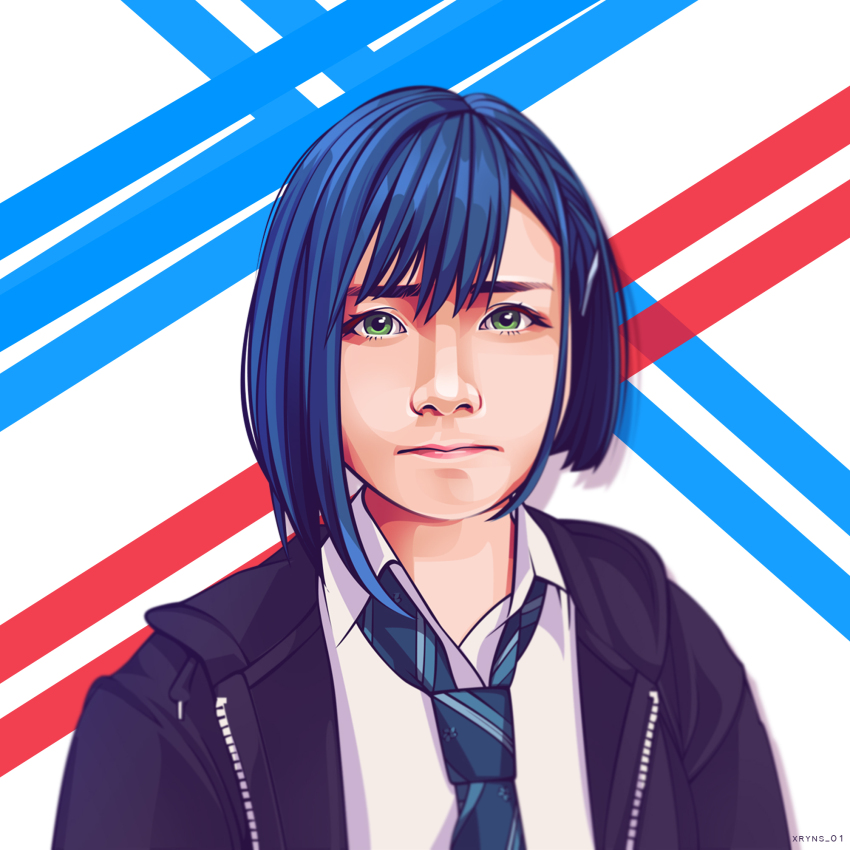 1girl, :|, aqua_necktie, asymmetrical_hair, black_hoodie, blue_background, blue_hair, bob_cut