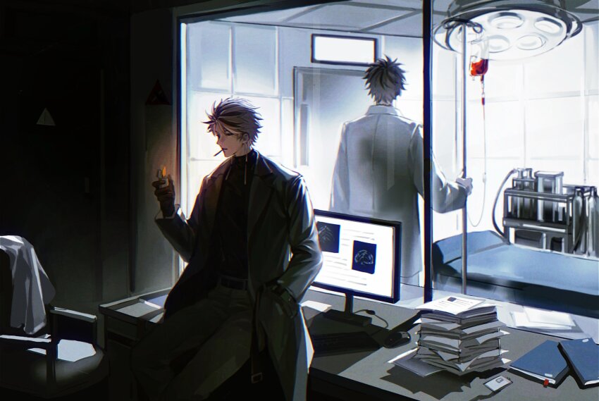 2boys, absurdres, belt, black_belt, black_coat, black_gloves, black_pants, black_shirt