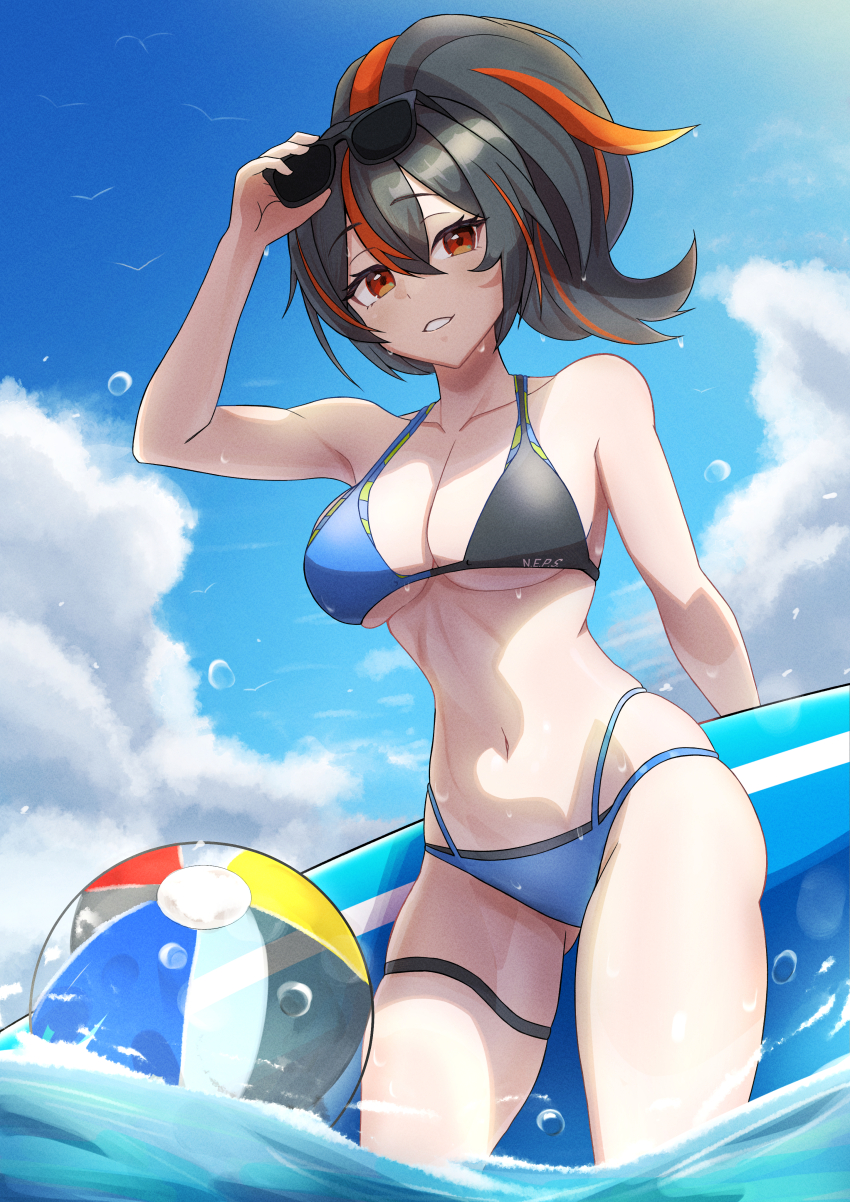 1girl, absurdres, adjusting_eyewear, arm_up, ball, beachball, bikini, bird, black_bikini, black_hair, blue_bikini, blue_sky, breasts, clenched_teeth, cloud, collarbone, day, hair_between_eyes, highres, holding, holding_surfboard, jay_b_098, large_breasts, multicolored_bikini, multicolored_hair, navel, open_mouth, ponytail, red_eyes, red_hair, seagull, sky, solo, stomach, streaked_hair, sunglasses, surfboard, swimsuit, teeth, thigh_strap, two-tone_bikini, wading, water, zenless_zone_zero, zhu_yuan
