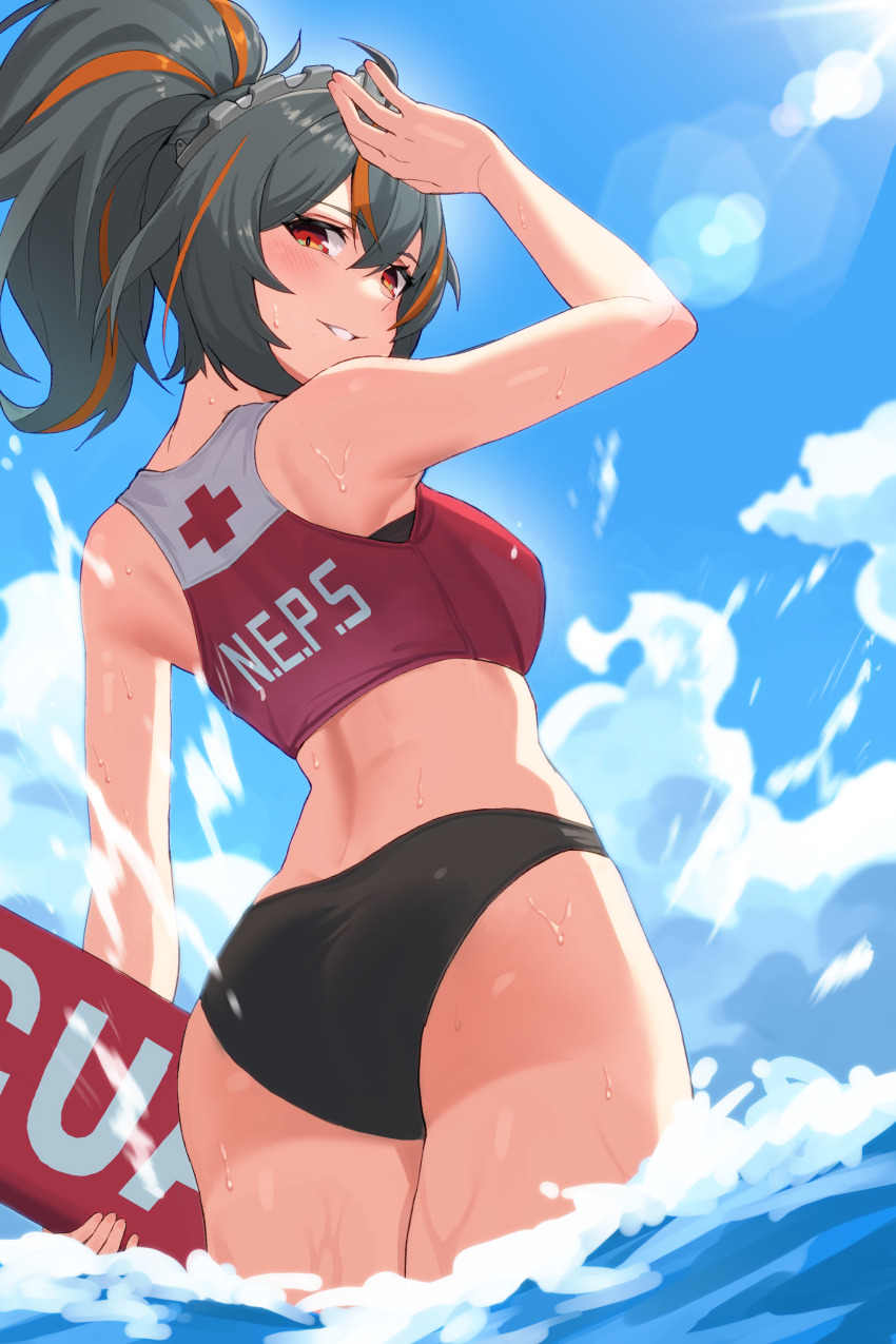 1girl, absurdres, arm_up, ass, bikini, black_bikini, black_hair, blue_sky