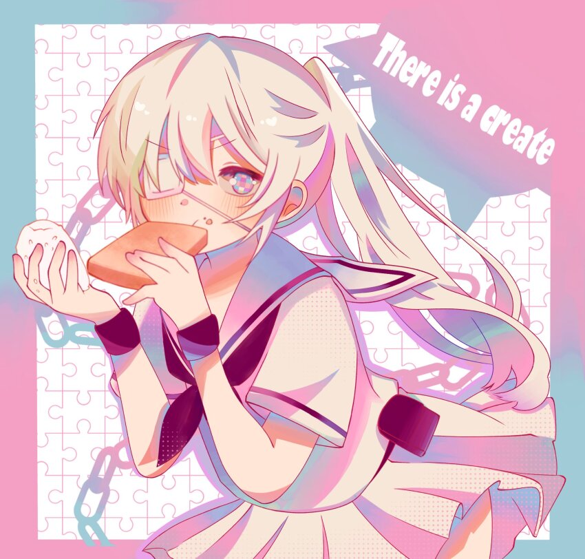 1girl, ball_and_chain_(weapon), belt_pouch, black_neckerchief, blue_border, blush, border, bread