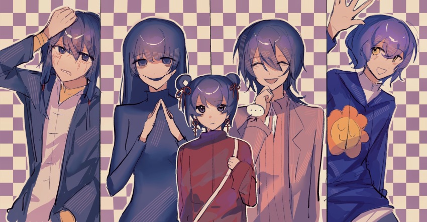 ..., 2girls, 3boys, ^_^, arm_up, bags_under_eyes, black_eyes, black_hair