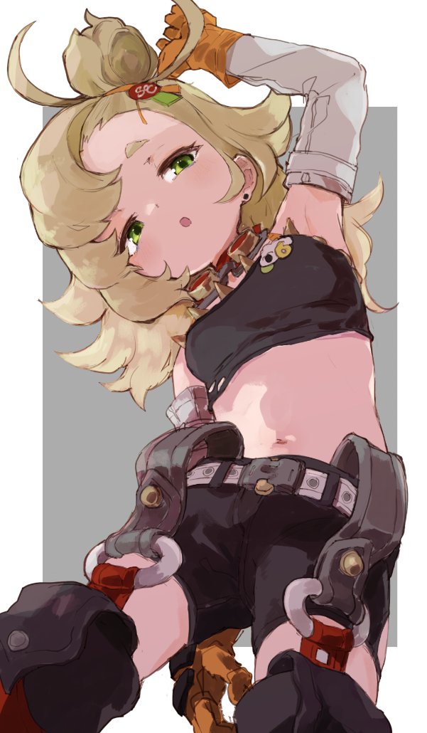 1girl, armpits, belt, black_shorts, blonde_hair, breasts, commentary, crop_top, detached_pants, detached_sleeves, gloves, goggles, goggles_around_neck, green_eyes, hair_bun, hair_ornament, jamir, long_hair, medium_breasts, midriff, orange_gloves, parted_lips, piper_wheel, shorts, simple_background, single_hair_bun, solo, two-tone_background, zenless_zone_zero
