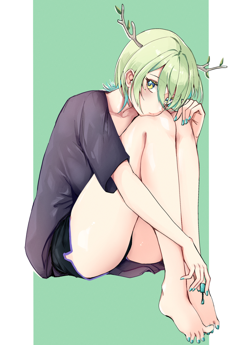 1girl, absurdres, alternate_hair_length, alternate_hairstyle, antlers, applying_pedicure, aqua_nails, barefoot