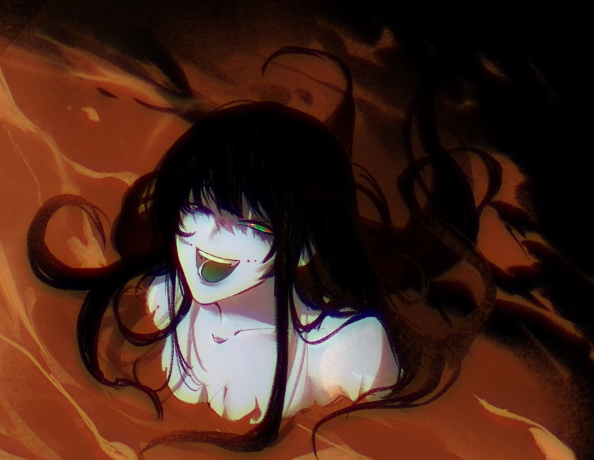 1girl, black_eyes, black_hair, chinese_commentary, collarbone, colored_tongue, commentary_request, facial_mark, fangs, green_eyes, green_tongue, heterochromia, highres, hnxxgwx, long_hair, naihe_(female)_(touqi_guaitan), nude, open_mouth, partially_submerged, smile, solo, touqi_guaitan