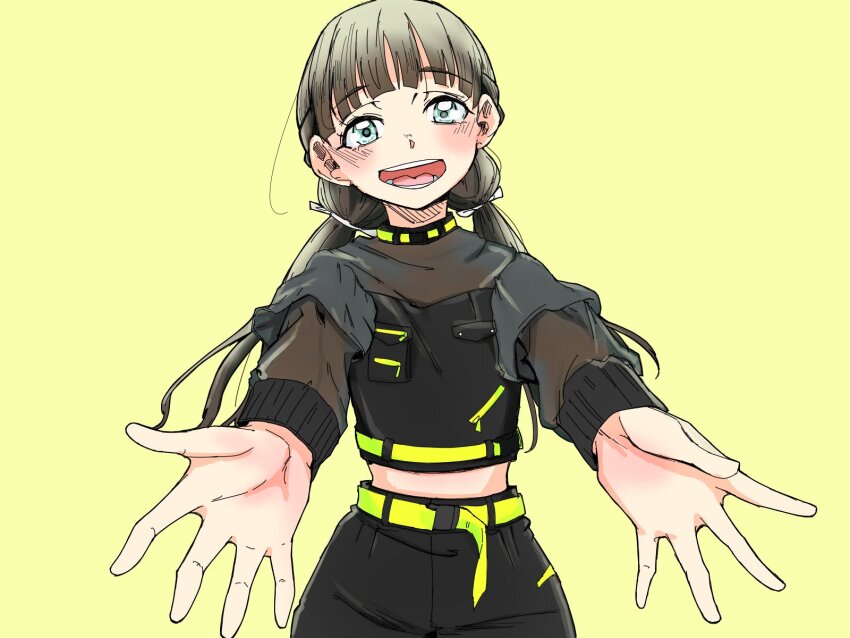 1girl, belt, black_jacket, black_shorts, blue_eyes, blunt_bangs, blush, brown_hair