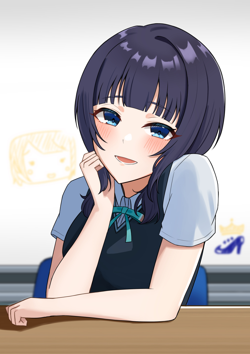 1girl, absurdres, asaka_karin, blue_eyes, blue_hair, blue_shirt, blue_vest, blunt_bangs