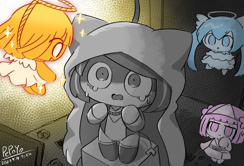 4girls, angel, angel_wings, annoyed, arm_at_side, arms_at_sides, artist_name, bare_arms