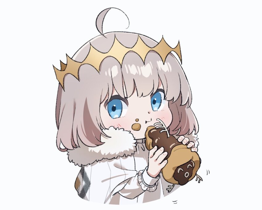 1boy, ahoge, blonde_hair, blue_eyes, blush, cannoli, cape, chibi