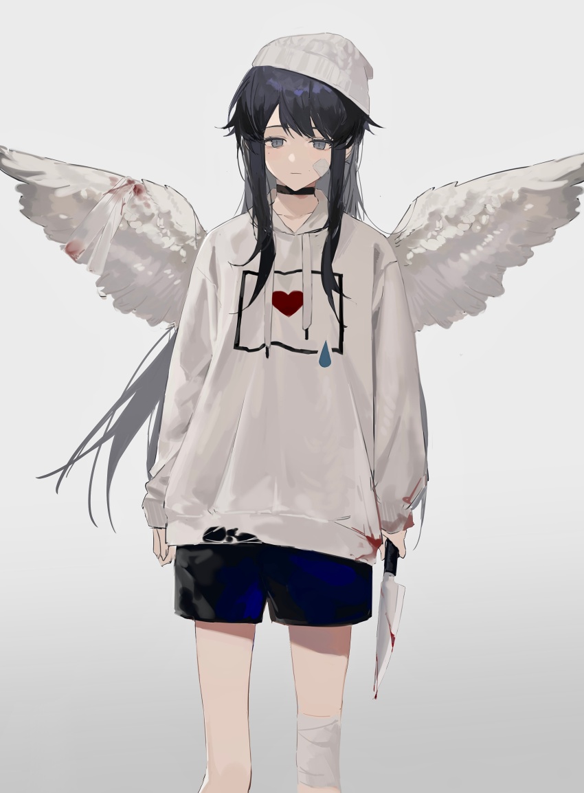 1girl, absurdres, angel_wings, arms_at_sides, azure_silan, bandaged_knees, bandaged_wings, bandages
