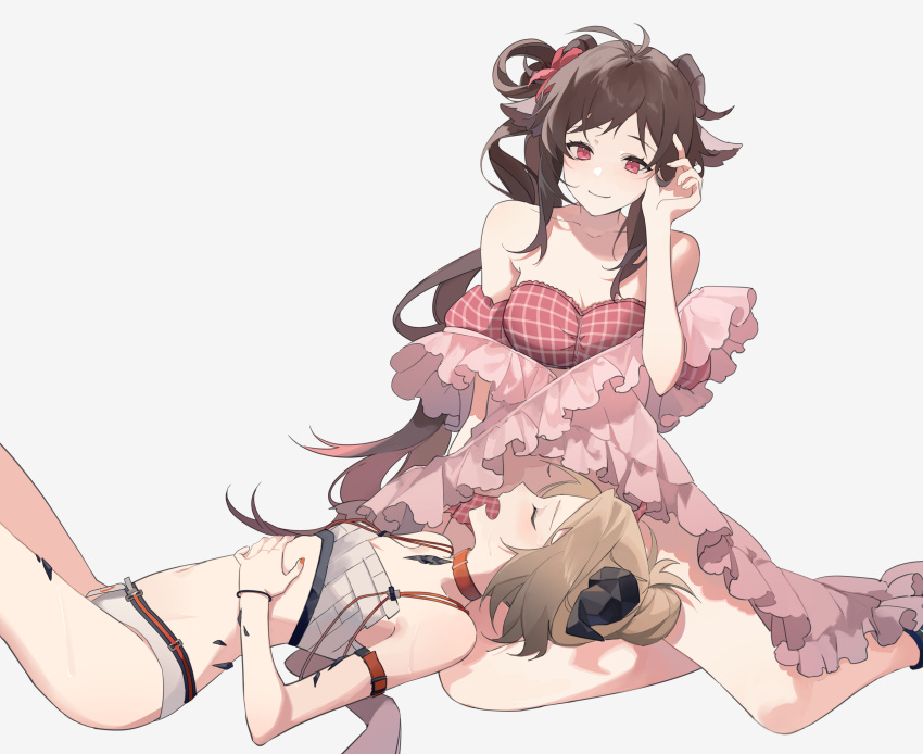 2girls, absurdres, animal_ears, arknights, arm_up, azure_silan, bikini, black_horns