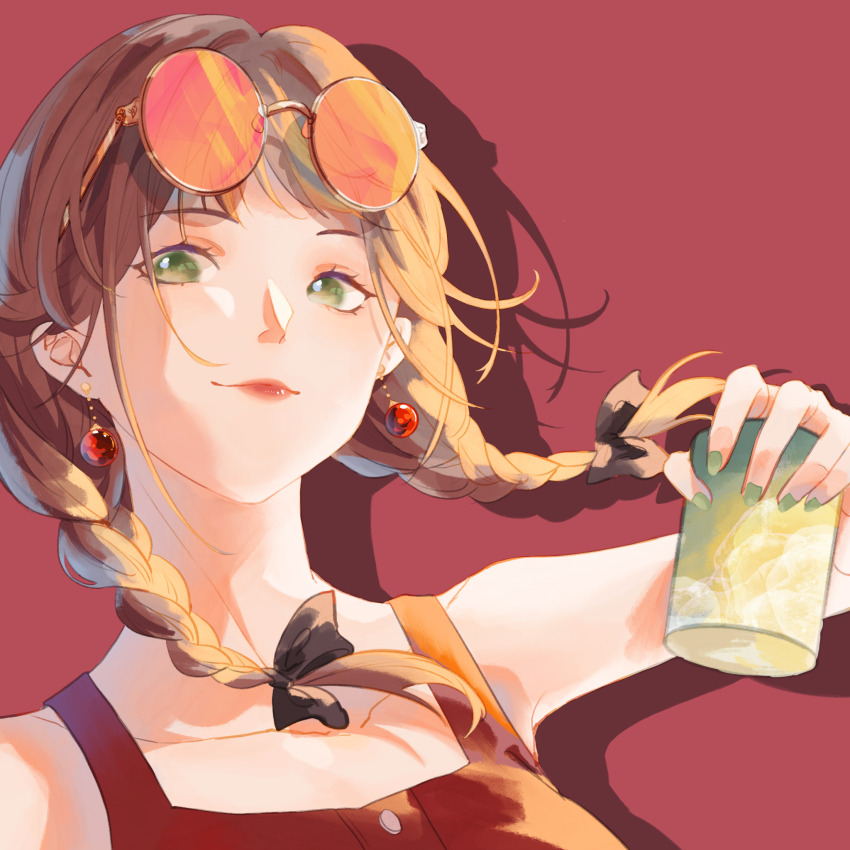 1girl, black_bow, bow, braid, brown_hair, closed_mouth, collarbone, cup