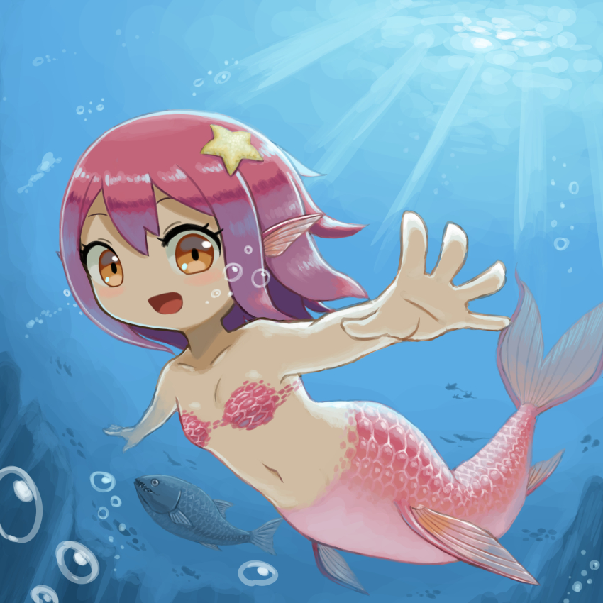 1girl, blush, bubble, commentary, derurago, fins, fish, hair_ornament, head_fins, highres, light_rays, looking_at_viewer, medium_hair, mermaid, monster_girl, navel, open_mouth, original, outstretched_arms, pink_hair, scales, starfish_hair_ornament, underwater, yellow_eyes