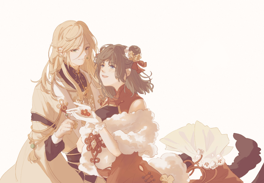 1boy, 1girl, :d, black_sash, black_shirt, blonde_hair, blue_eyes, brown_hair, china_dress, chinese_clothes, chinese_knot, closed_mouth, cowboy_shot, cupping_hands, double_bun, dress, earrings, eye_contact, feather_boa, female_master_(the_tale_of_food), flower, fur-trimmed_gloves, fur_trim, gloves, green_eyes, hair_between_eyes, hair_bun, hair_flower, hair_ornament, hair_ribbon, hands_up, hanfu, holding, holding_flower, jewelry, layered_sleeves, long_hair, long_sleeves, looking_at_another, luoyangloung, medium_hair, official_alternate_costume, open_mouth, own_hands_together, plum_blossoms, red_dress, red_flower, red_ribbon, ribbon, robe, sash, shirt, simple_background, sleeveless, sleeveless_dress, smile, standing, swept_bangs, the_tale_of_food, white_background, white_gloves, wide_sleeves, yangzhou_fried_rice_(the_tale_of_food), yellow_flower, yellow_robe