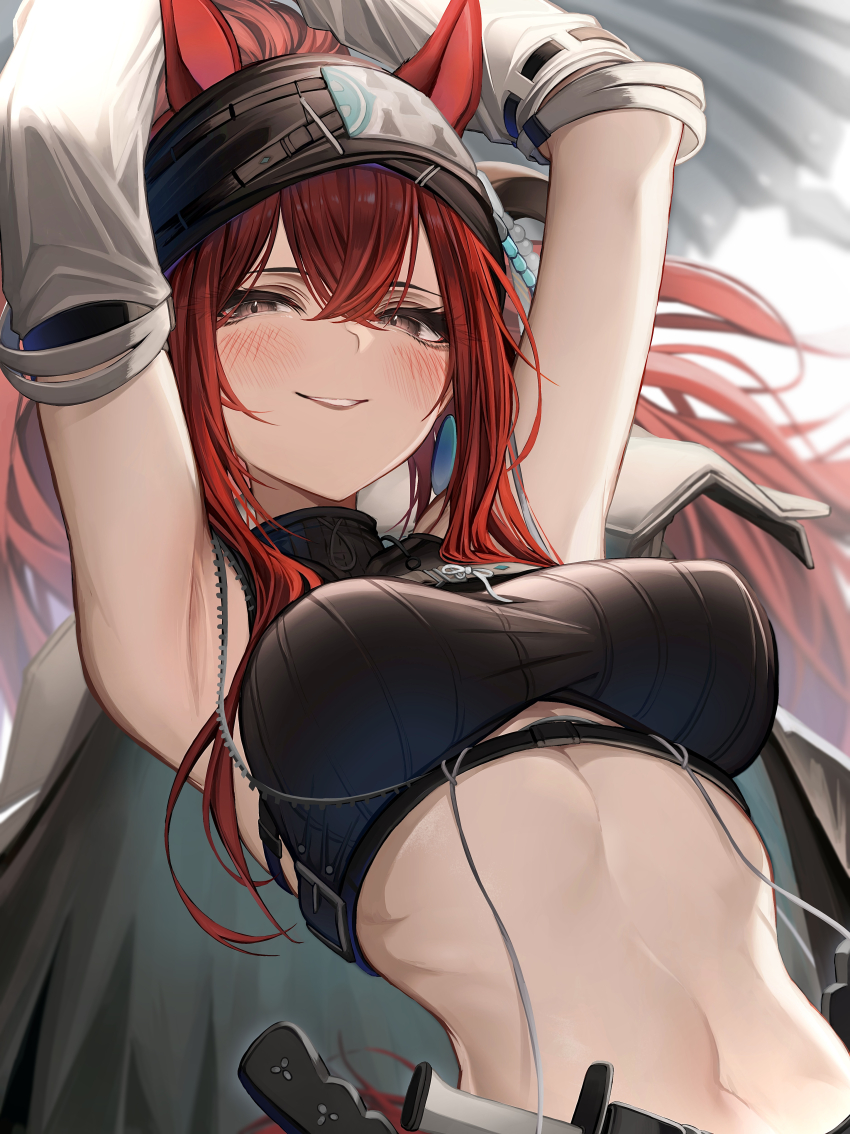 1girl, absurdres, arknights, armpits, arms_up, blush, breasts, brown_eyes