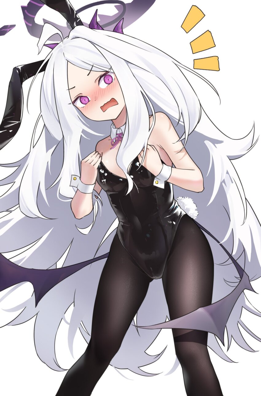 1girl, adjusting_clothes, ahoge, alternate_costume, animal_ears, bare_shoulders, black_leotard, black_pantyhose, blue_archive, blush, bow, bowtie, collarbone, commentary_request, cowboy_shot, demon_girl, demon_horns, demon_wings, detached_collar, dressing, embarrassed, fake_animal_ears, fake_tail, forehead, halo, highleg, highleg_leotard, highres, hina_(blue_archive), horns, leaning_forward, leotard, loli, long_hair, looking_at_viewer, men_zhong_mu, pantyhose, parted_bangs, playboy_bunny, purple_bow, purple_bowtie, purple_eyes, rabbit_ears, rabbit_tail, sidelocks, simple_background, solo, spread_legs, strapless, strapless_leotard, surprised, tail, wavy_hair, white_background, white_hair, wings, wrist_cuffs