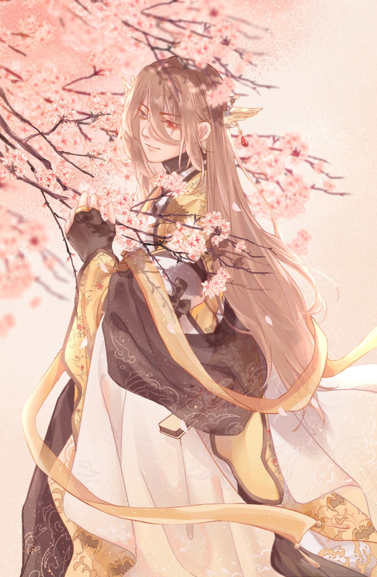 1boy, arm_behind_back, black_bridal_gauntlets, black_shawl, branch, bridal_gauntlets, brown_background, brown_hair