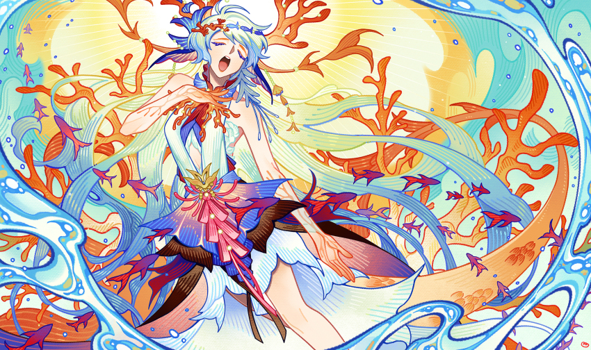 1girl, air_bubble, aqua_hair, bare_shoulders, blue_dress, bubble, closed_eyes, clothing_cutout