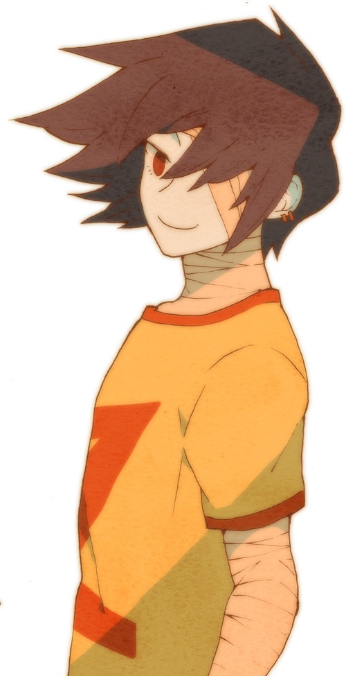 1boy, bandage_over_one_eye, bandaged_arm, bandages, bemani, earrings, from_side, grey_background