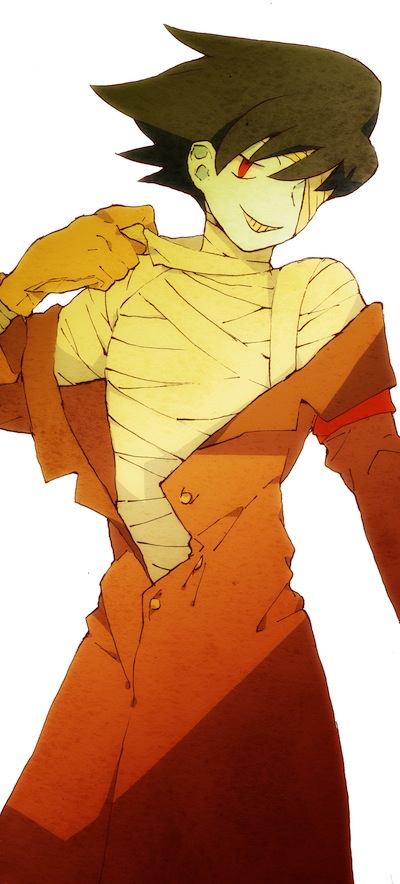 1boy, bandage_over_one_eye, bandage_pull, bandaged_torso, bemani, black_hair, blue_skin, brown_coat