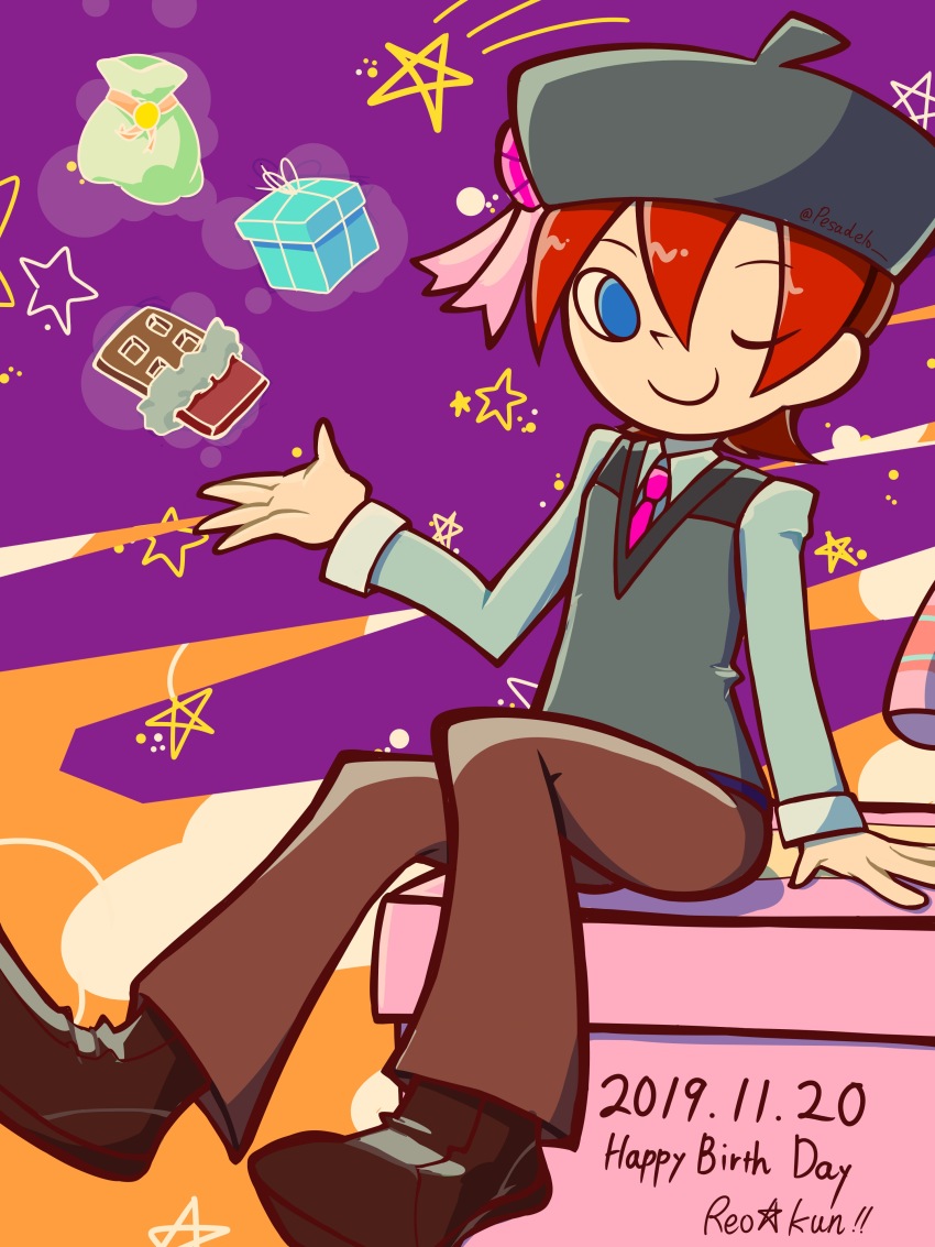 1boy, absurdres, bemani, brown_pants, candy, celosia_mallia, chocolate, chocolate_bar, closed_mouth, dated, food, gift, grey_hat, grey_shirt, happy_birthday, hat, highres, long_sleeves, male_focus, necktie, official_style, one_eye_closed, pants, pink_necktie, pop'n_music, red_hair, reo-kun, shirt, shoes, shooting_star, short_hair, sitting, smile, sneakers, solo, star_(symbol), vest