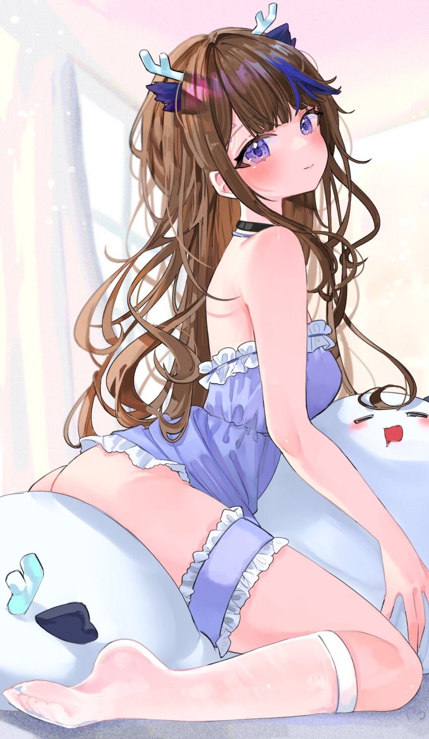 1girl, airi_kanna, ass, bare_shoulders, blue_eyes, blue_hair, blush, brown_hair