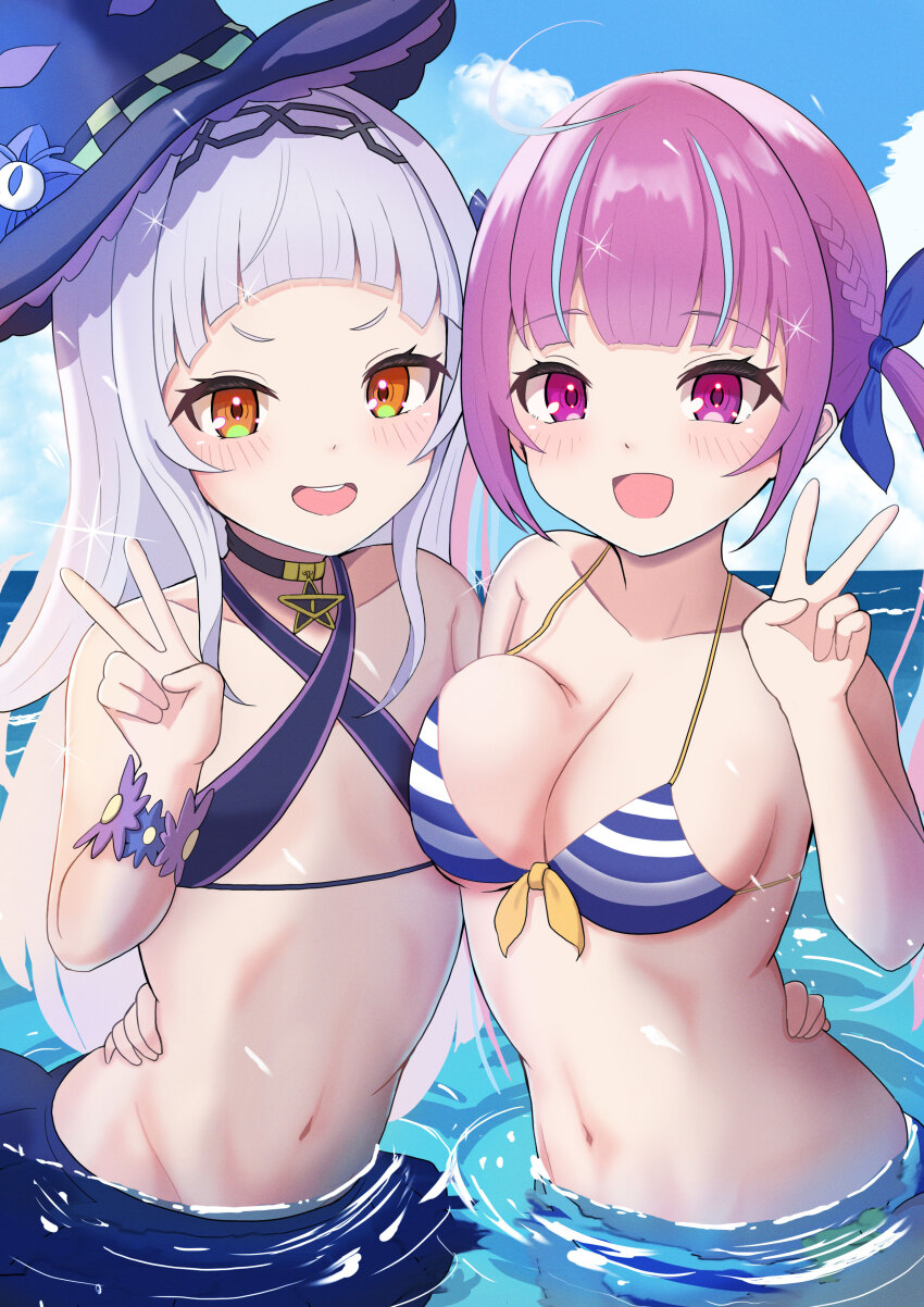 264_(user_ffyd3374), 2girls, absurdres, bikini, black_bikini, black_choker, black_hat, blue_bikini, blue_hair, blue_ribbon, blush, braid, breasts, choker, cloud, grey_hair, hair_ribbon, hand_on_another's_hip, hat, highres, hololive, long_hair, minato_aqua, multicolored_hair, multiple_girls, murasaki_shion, navel, ocean, open_mouth, orange_eyes, pink_hair, purple_eyes, ribbon, sky, sling_bikini_top, smile, sparkle, streaked_hair, striped_bikini, striped_clothes, swimsuit, v, virtual_youtuber, white_bikini, witch_hat, yellow_ribbon