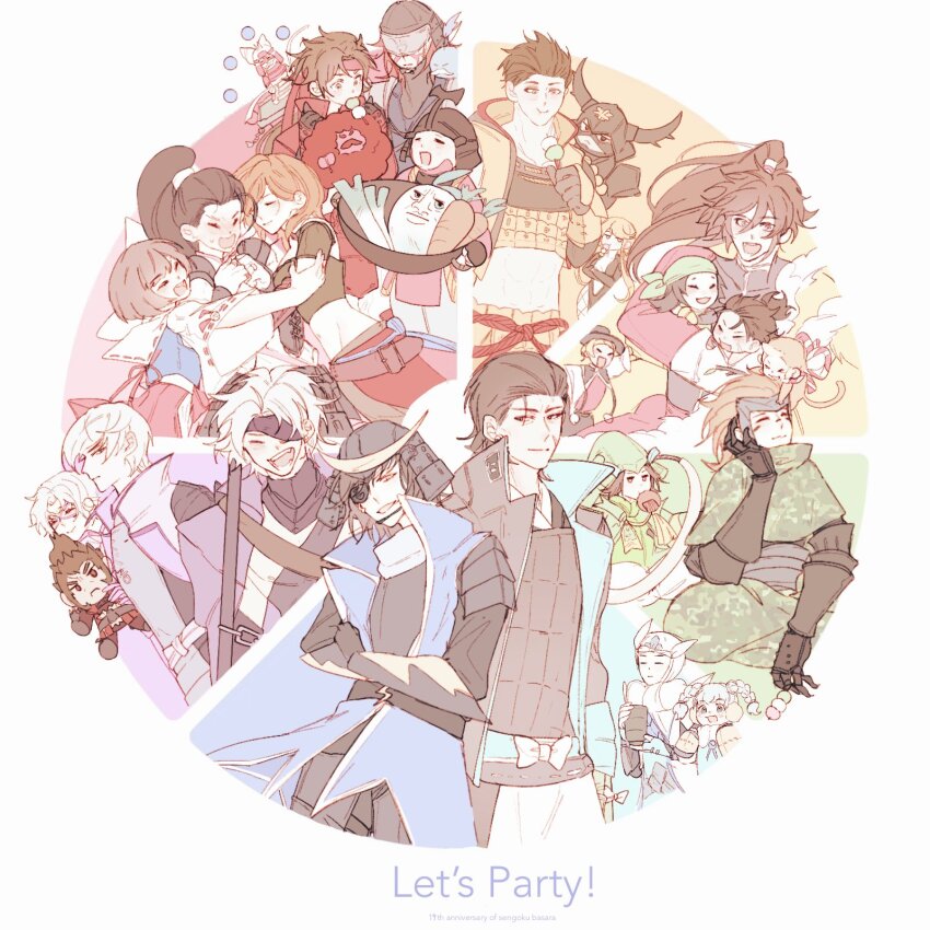 1other, 6+boys, 6+girls, :d, :t, =_=, anniversary, armor, black_bodysuit, black_hair, blonde_hair, blush, bodysuit, brown_eyes, brown_hair, chibi, chousokabe_motochika_(sengoku_basara), color_wheel_challenge, cooking_pot, cup, dango, date_masamune_(sengoku_basara), eating, english_text, expressionless, eye_mask, fishnets, food, food_with_face, fuuma_kotarou_(sengoku_basara), highres, hikatwinkle, holding, holding_cooking_pot, honda_tadakatsu_(sengoku_basara), hug, ii_naotora_(sengoku_basara), ishida_mitsunari_(sengoku_basara), itsuki_(sengoku_basara), japanese_armor, japanese_clothes, kasuga_(sengoku_basara), katakura_kojuurou_(sengoku_basara), kobayakawa_hideaki_(sengoku_basara), long_hair, looking_at_another, looking_at_viewer, maeda_keiji_(sengoku_basara), maeda_toshiie_(sengoku_basara), mask, matsu_(sengoku_basara), medium_hair, midriff, monkey, mouri_motonari_(sengoku_basara), multiple_boys, multiple_drawing_challenge, multiple_girls, muscular, muscular_male, ootani_yoshitsugu_(sengoku_basara), ootomo_sourin_(sengoku_basara), open_mouth, orange_hair, pale_color, plunging_neckline, ponytail, purple_mask, red_hair, saika_magoichi_(sengoku_basara), sanada_yukimura_(sengoku_basara), sarutobi_sasuke_(sengoku_basara), sengoku_basara, short_hair, short_hair_with_long_locks, smile, sweatdrop, takenaka_hanbee_(sengoku_basara), tokugawa_ieyasu_(sengoku_basara), tsuruhime_(sengoku_basara), uesugi_kenshin_(sengoku_basara), wagashi, white_background, white_hair, yumekichi, yunomi