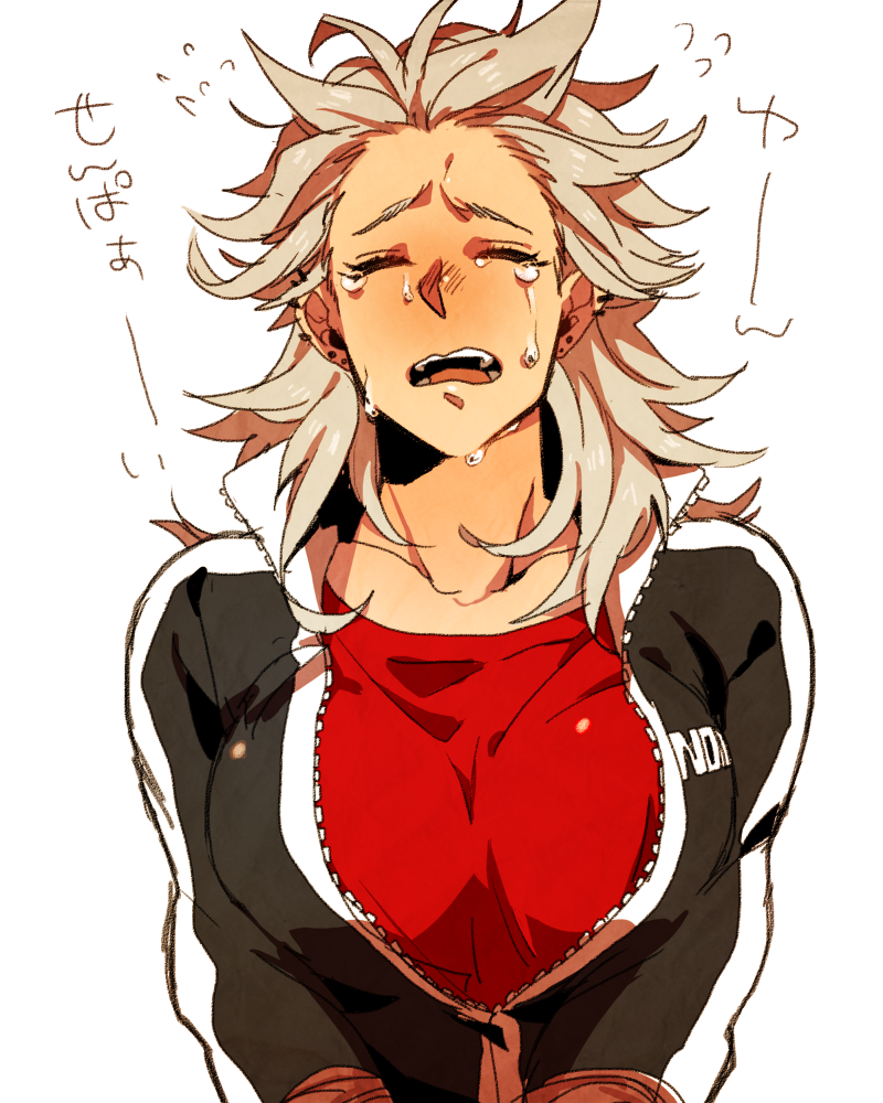 1girl, chanko_neru, dorohedoro, earrings, female_focus, jewelry, nkmr, noi_(dorohedoro), solo, spiked_hair, tears, track_suit, white_hair