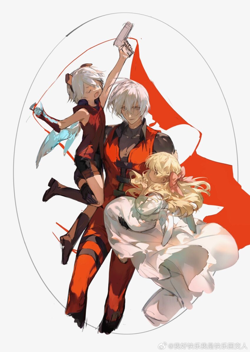 1girl, 2boys, aged_down, bishounen, blonde_hair, blue_eyes, bow, carrying