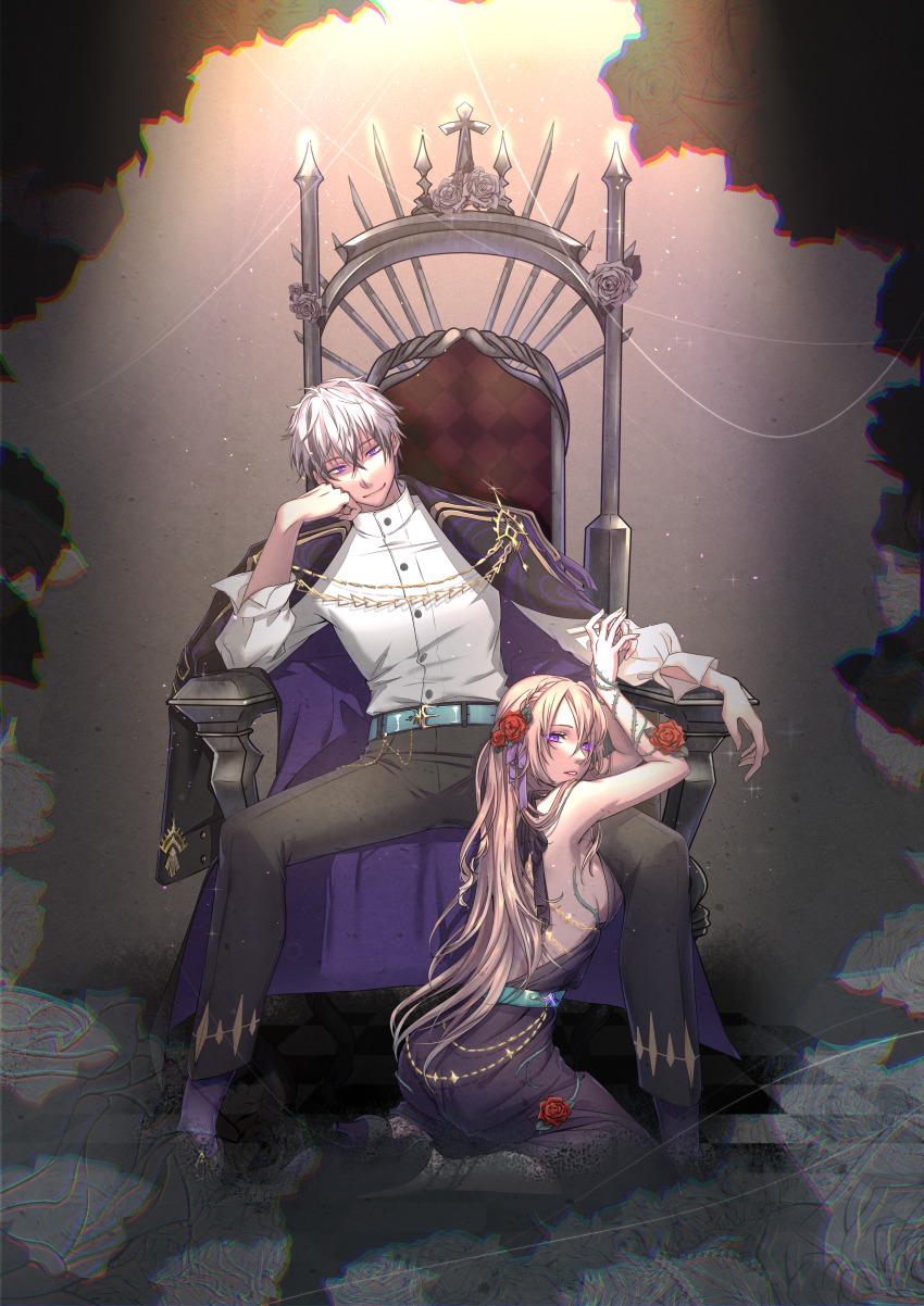 1boy, 1girl, absurdres, aqua_belt, arms_up, ashidoya, belt, black_coat, black_dress, black_footwear, black_hair, black_pants, bound, bound_wrists, braid, brown_hair, chair, coat, coat_on_shoulders, crown_braid, dress, dress_shirt, elbow_rest, flower, full_body, grey_background, hair_between_eyes, hair_flower, hair_ornament, hair_ribbon, halter_dress, halterneck, head_rest, high_heels, highres, ikemen_villain, jude_jazza, kate_(ikemen_villain), kneeling, long_hair, long_sleeves, looking_at_viewer, looking_to_the_side, multicolored_hair, on_chair, on_floor, on_throne, pants, parted_lips, plant, purple_eyes, purple_ribbon, purple_socks, red_flower, red_rose, ribbon, rose, shirt, shoes, short_hair, sitting, sleeveless, sleeveless_dress, smirk, socks, spread_legs, streaked_hair, thorns, throne, two-sided_coat, two-sided_fabric, vines, white_hair, white_shirt