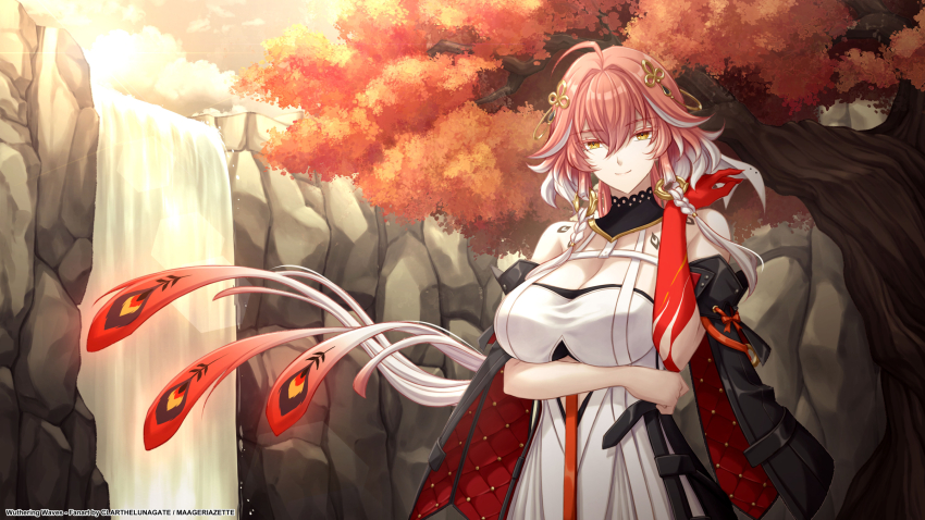 1girl, ahoge, arm_under_breasts, artist_name, bare_shoulders, black_collar, black_jacket, black_sleeves